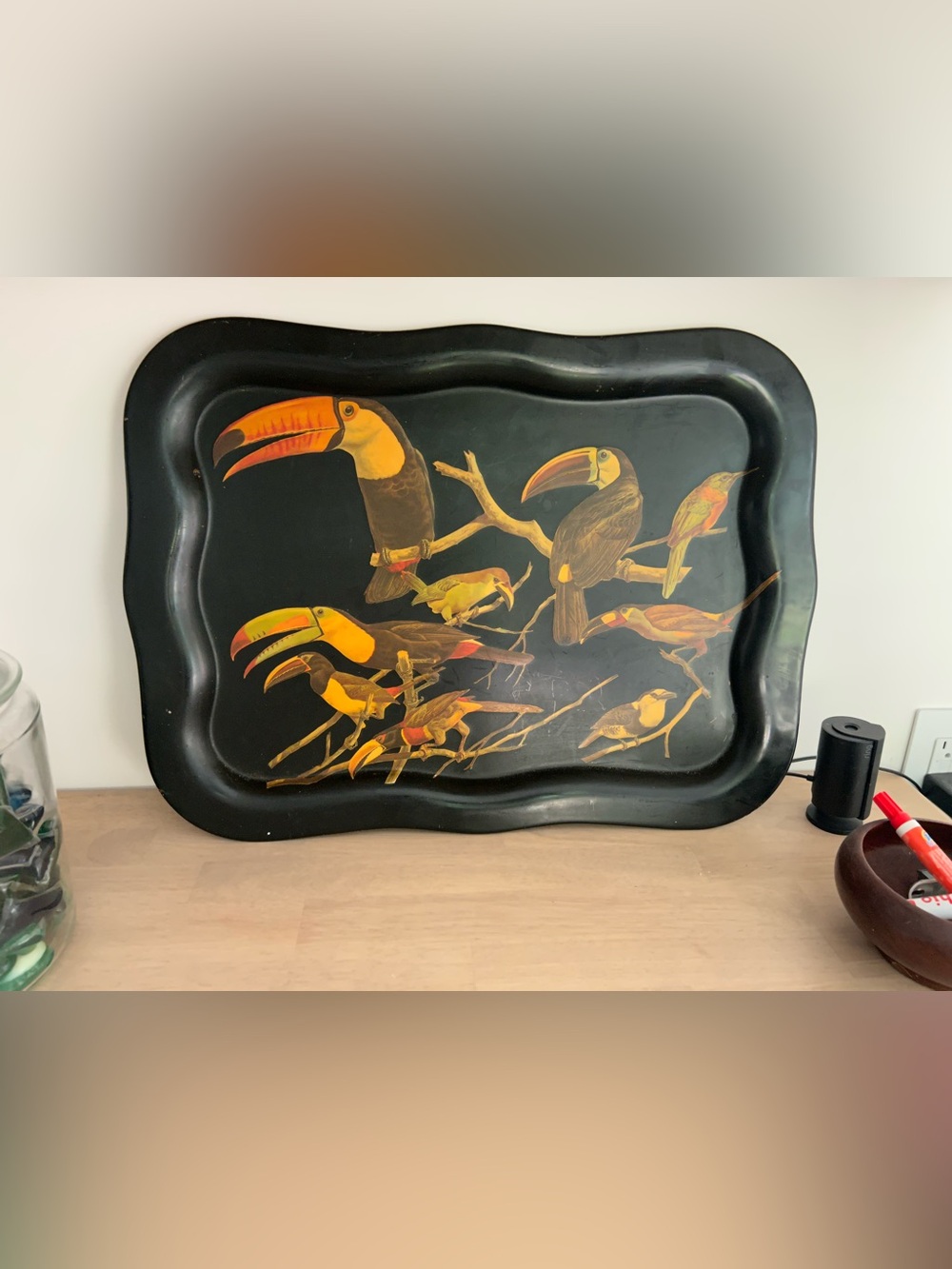 Source Unknown Vintage Black Tray with Yellow and Orange Toucan Motif
